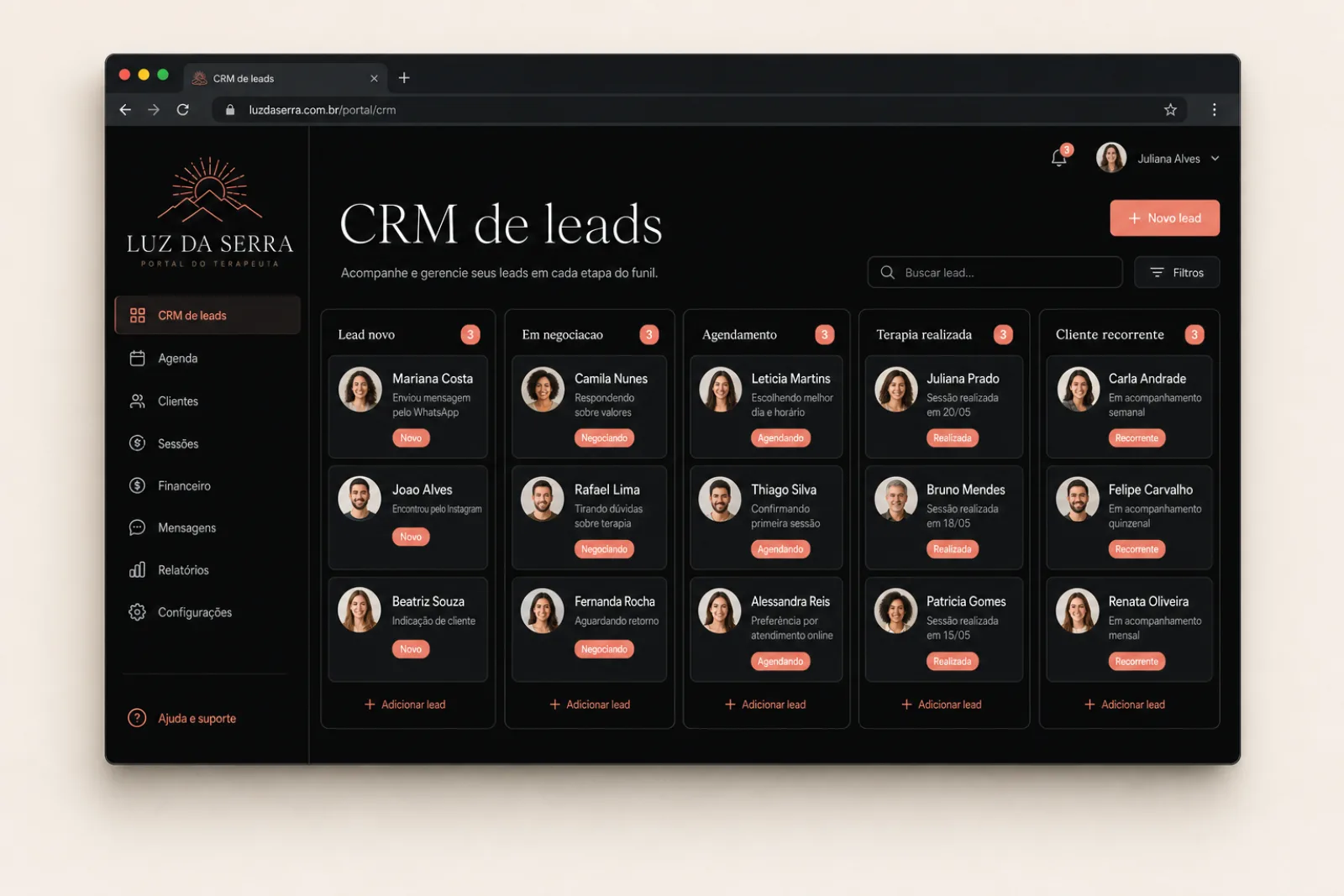 CRM Kanban do Portal do terapeuta